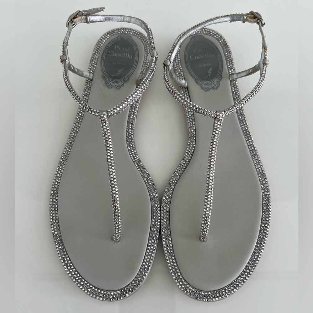 RENE CAOVILLA SILVER LEATHER CRYSTAL SANDALS SIZE IT 38 / US 8